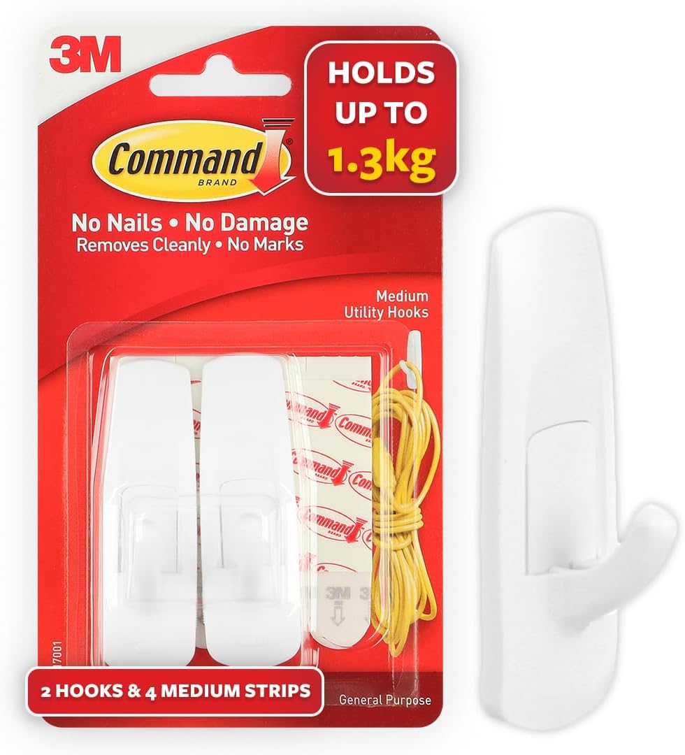 3M Command Medium Wall Hooks, Holds 1.3kg, No paint damage, Heavy Duty, Holds Strongly, Reusable, Adhesive hooks for wall, Multi-surface (White, 2hooks, 4 strips)
