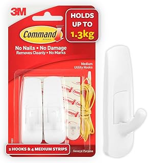 3M Command Medium Wall Hooks, Holds 1.3kg, No paint damage, Heavy Duty, Holds Strongly, Reusable, Adhesive hooks for wall, Multi-surface (White, 2hooks, 4 strips)