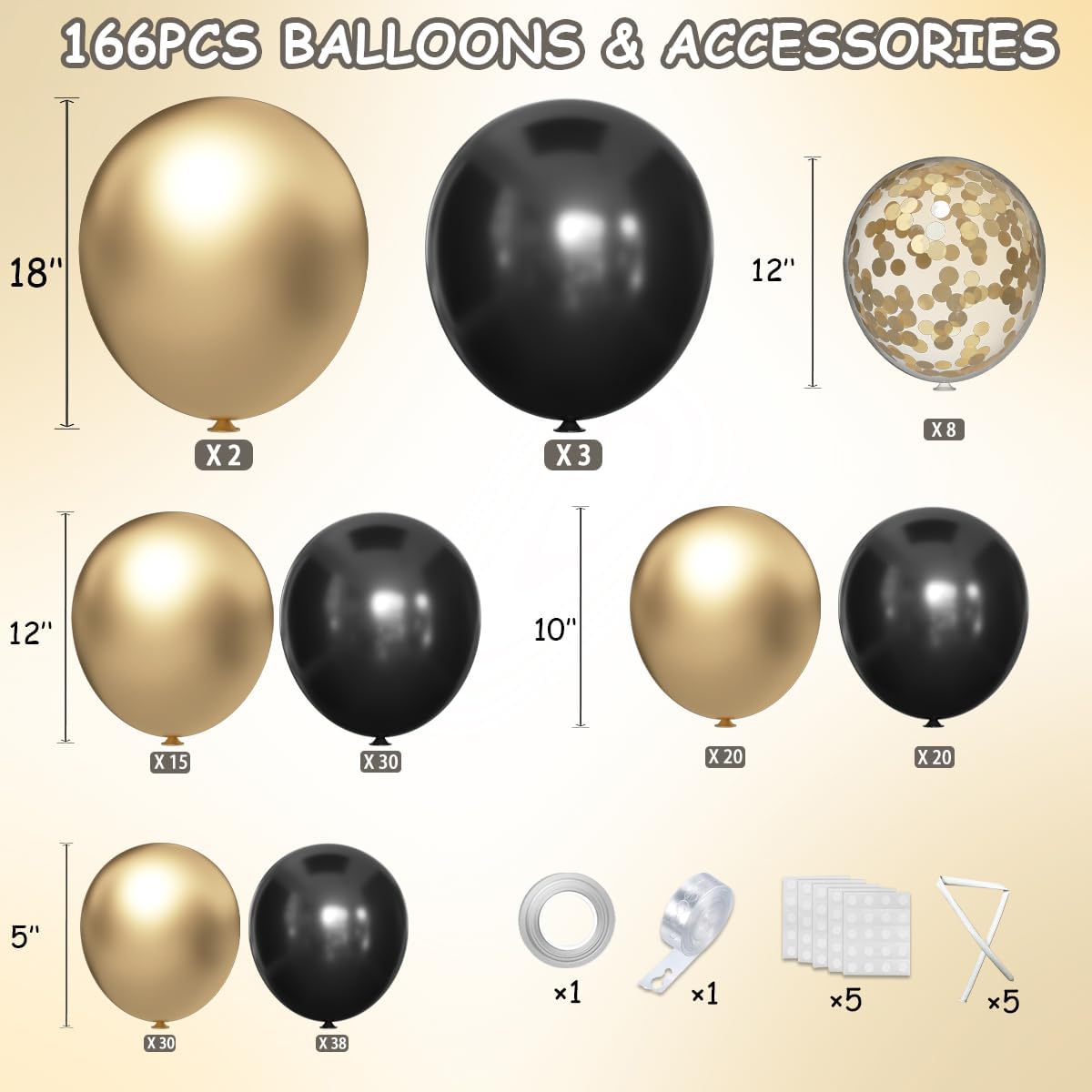 Black Gold Silver Balloon Garland Arch Kit, 166Pcs 5 10 12 18 inch Latex Balloons with Gold Confetti for 2025 New Year Graduation Wedding Birthday Party Decoration