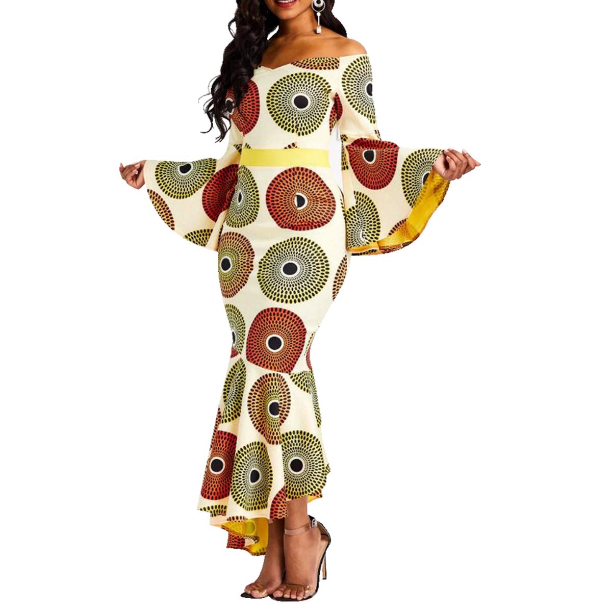 VERWIN Women's Ruffle Long Sleeve Maxi Dress - Wrap Party Dress (X-Large, Yellow)