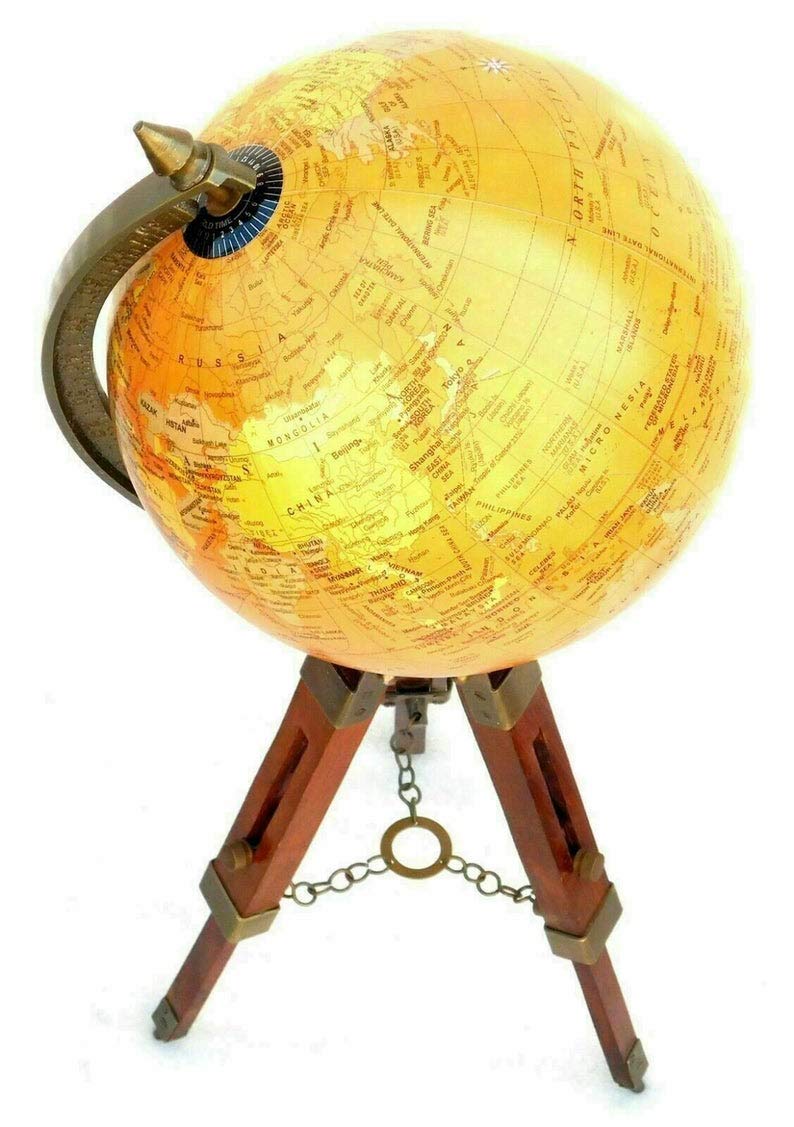 Antique Brass 8" World map Table Globe Office Decor with Wooden Tripod Stand Home Office Decor