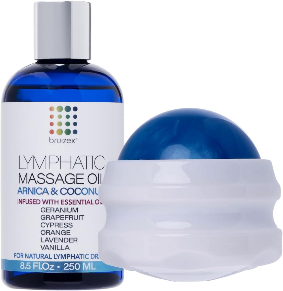 Arnica Coconut Lymphatic Massage Oil & Fibro Roller Lymphatic Massage Roller Ball Bundle, for Fibrosis Treatment, Manual Lymph Drainage & Post Surgery Recovery