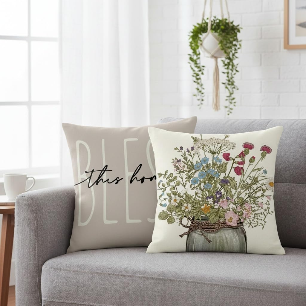 Copricuscini 40x40 Set di 4 decorativi cuscini per divano floreali e botanici Cuscini primavera-estate per divano camera da letto Cuscino da esterno Grigio