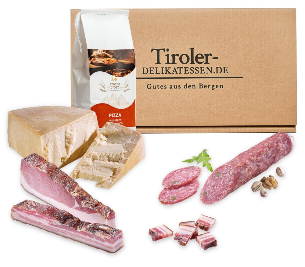 Almgourmet - Geschenkset "Südtiroler Kennlernbox" - 1180g - Feine Delikatessen aus Italien - Salami, Speck, Käse - Backmischung für Pizza