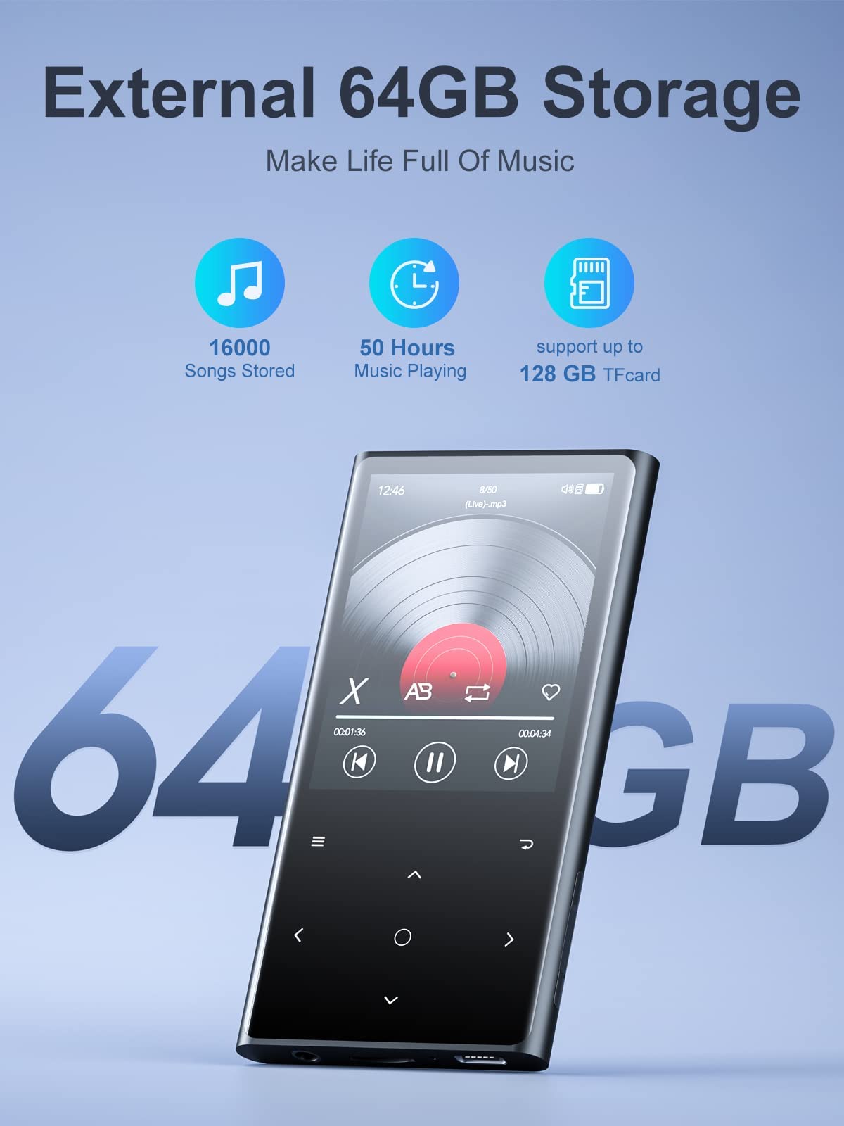 Lecteur MP3 Android 80Go - Écran 5" 1080P - WiFi, Bluetooth - Compatible Spotify, YouTube
