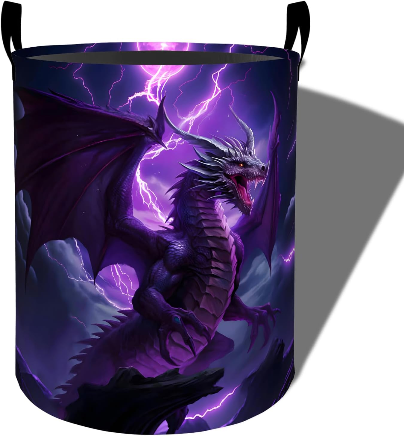 Cool Dragon with Lightning Laundry Basket, Foldable Oxford Cloth, Waterproof Dirty Clothes Hamper with Handles, Clothing Storage Bucket Toy Organizer for Bathroom Bedroom Dorm, 19.7"x15.7"