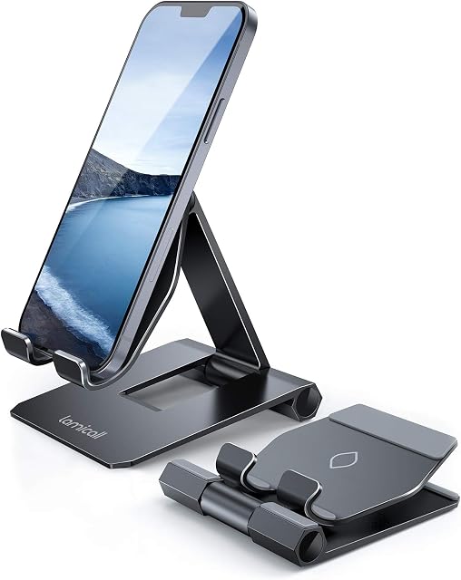 Lamicall Aluminum Phone Stand, Adjustable Phone Holder - Foldable Metal Stand Mount Cradle Dock for Desk, for iPhone 14/13/12/11 Pro Mini Pro Max, Xs Max XR X 8 7, Samsung S10 S9, Smartphones - Black