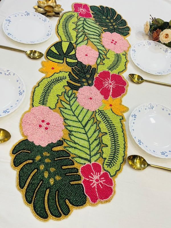 Image of MFU Made For You Hand Beaded Multicolor Floral Table Runner | 13x35 Inches | Pack of 1 | Dining Table Decor | Console Table Accent | Festival & Home Decoration