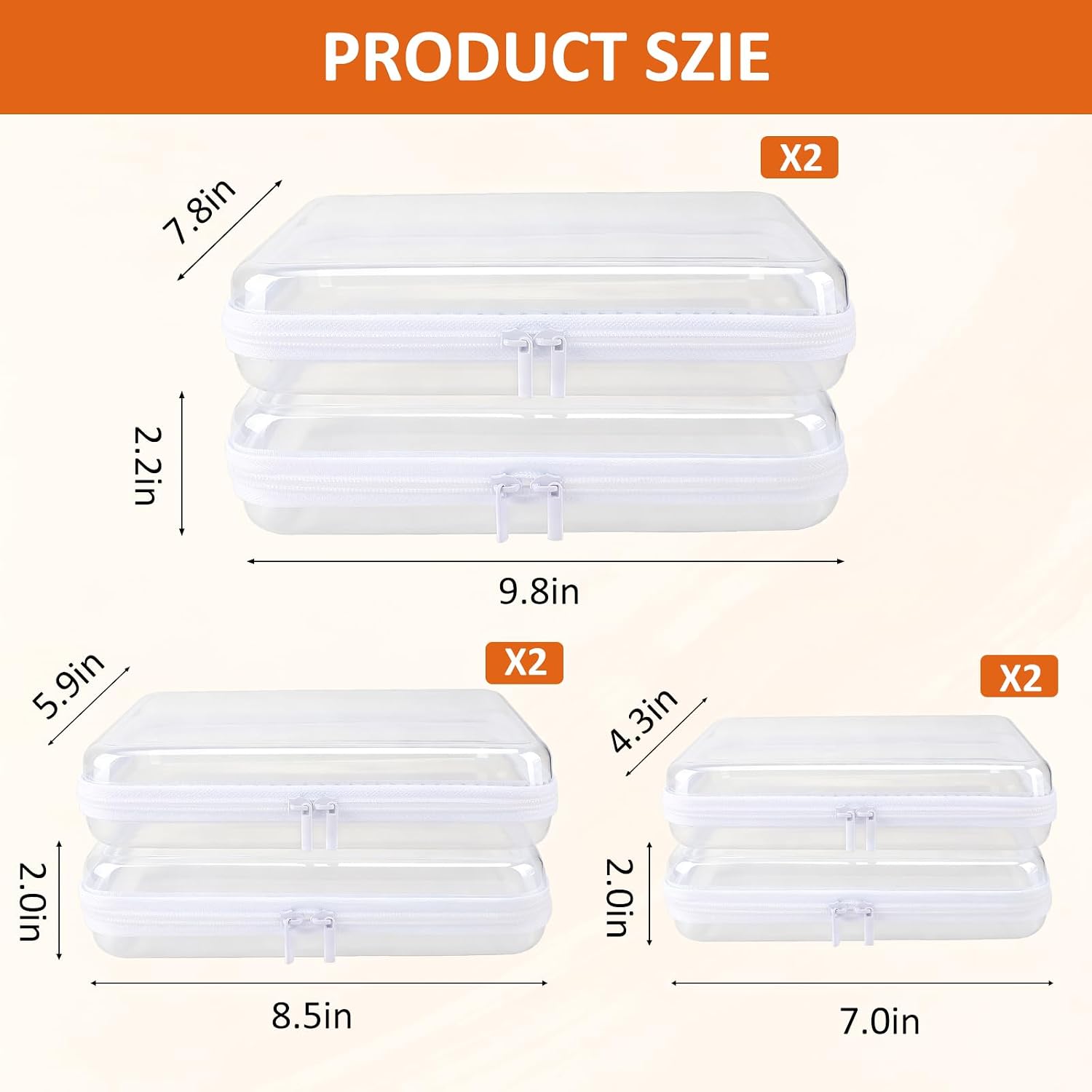 6 Pack Clear Hard Shell Zipper Case, Purse & Diaper Bag Organizer, Makeup Bag and Toy Organizer, Crush-Resistant Toiletry Bag for Travel, Storage Case for Diaper, Car, Office, Home, 2LMS White