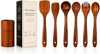 Teak Wood Kitchen Utensil Set with Holder, 7-Piece, Plantation-Grown Teak Sourced Through an FSC® Certified Supply Chain, Food-Grade Finish, Safe for Nonstick Cookware, Heat Resistant