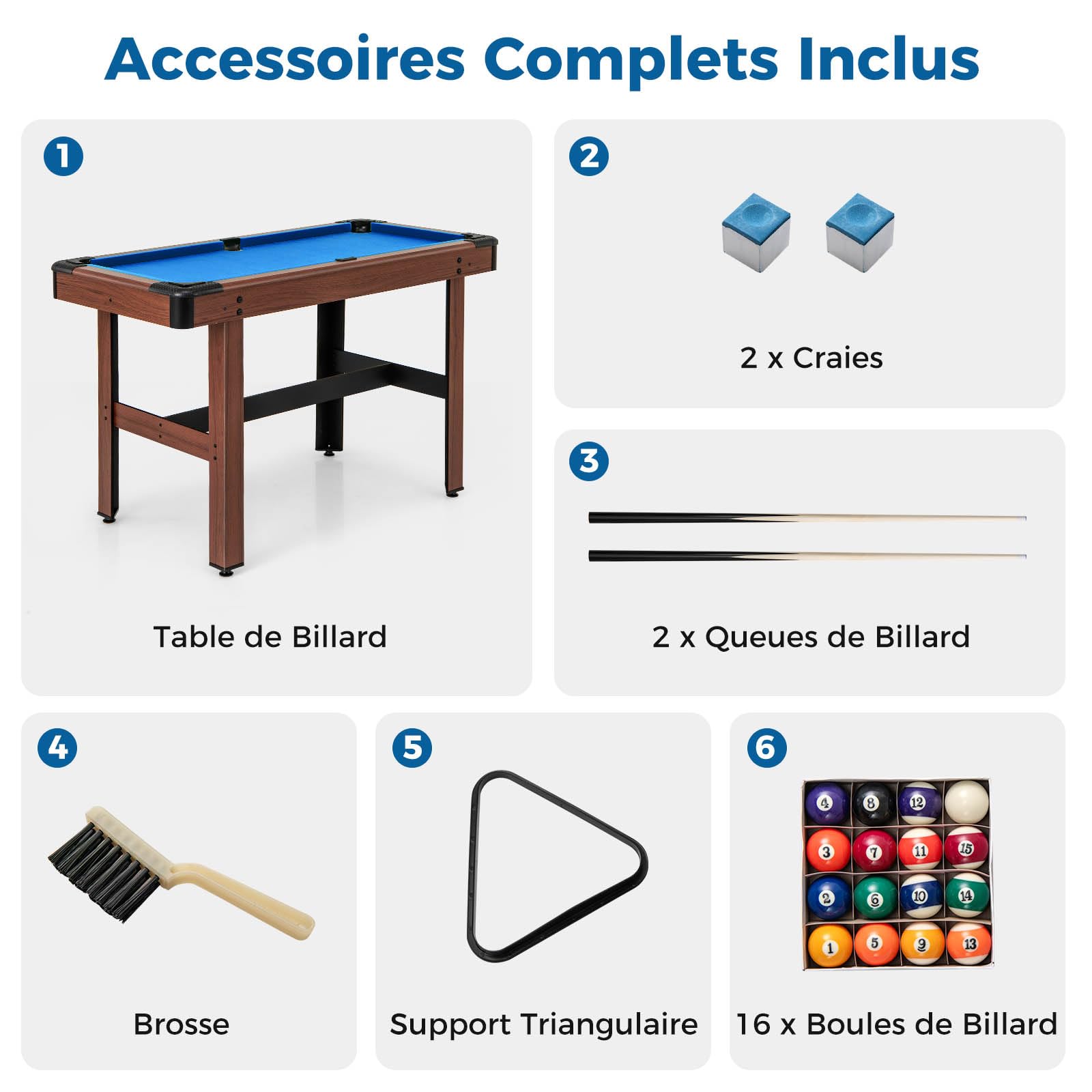 GOPLUS Table Billard Americain 122 CM, Table Billard Adultes Enfants avec 16 Boules, 2 Queues de Bollard, 2 Craies, Triangle, Brosse,Jeu de Billard pour Jeux en Famille, Salle de Sport