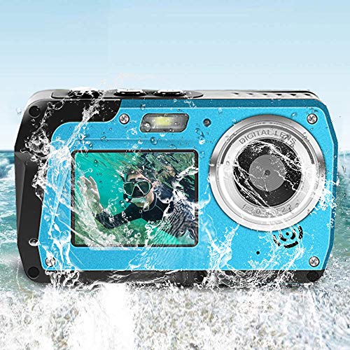 Waterproof Camera 2.7K Underwater Cameras 48 MP Waterproof Camcorder Camera Dual Screen TFT Displays Selfie Video Recorder Waterproof Digital Camera with Flash Light, Blue