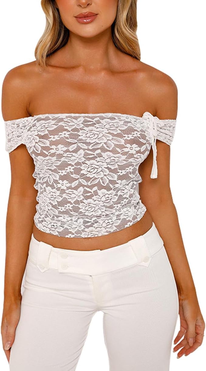 Women's Black Off Shoulder Crop Top See Through Lace Tee Shirt Blouse Backless Bodycon Corset T-Shirt Streetwear