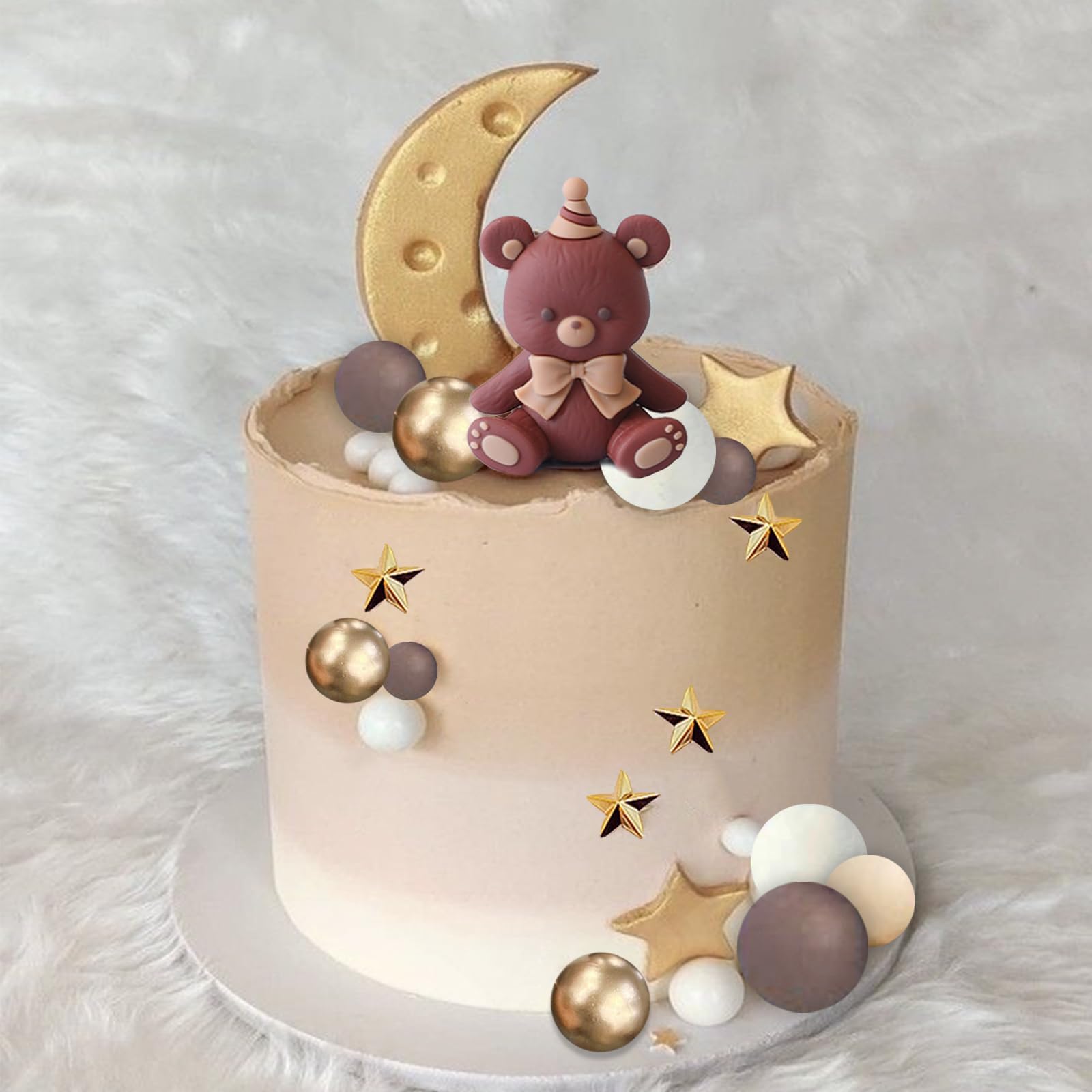 Décoration Gâteau Ours Bohème - 18 Pièces Cake Topper Avec Ours, Arc-en-Ciel Et Boules - Anniversaire Enfants - Marron Clair/Beige/Doré