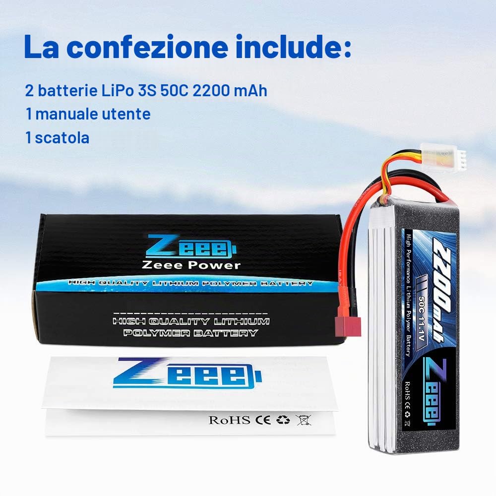 Zeee 3S Lipo Batteria 11,1V 50C 2200mAh Batteria RC con T Spina (2 pezzi)