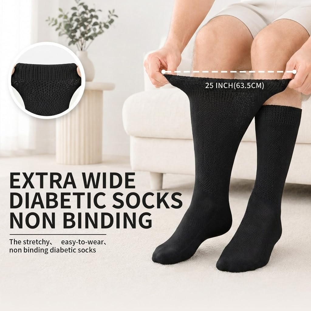 Extra Wide Bariatric Socks for Swollen Feet & Calves – Non Binding Cushioned Diabetic Friendly Socks, Up to 25” Wide Stretch, Soft Terry Cast & Walking Boot Socks for Men & Women 3 Pairs