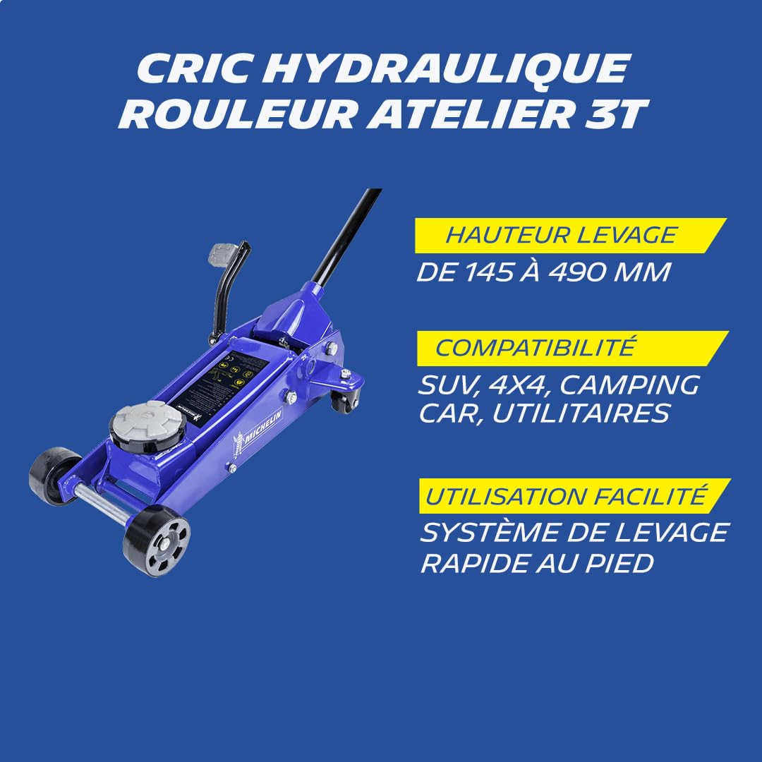 MICHELIN 009554 Cric Hydraulique 3T Levage Rapide – Hauteur 145-490 mm – Direct Twist System – Idéal SUV, 4x4, Camping-Car, Utilitaires – Bras Long 100 cm avec Protection Caoutchouc, Roues Pivotantes