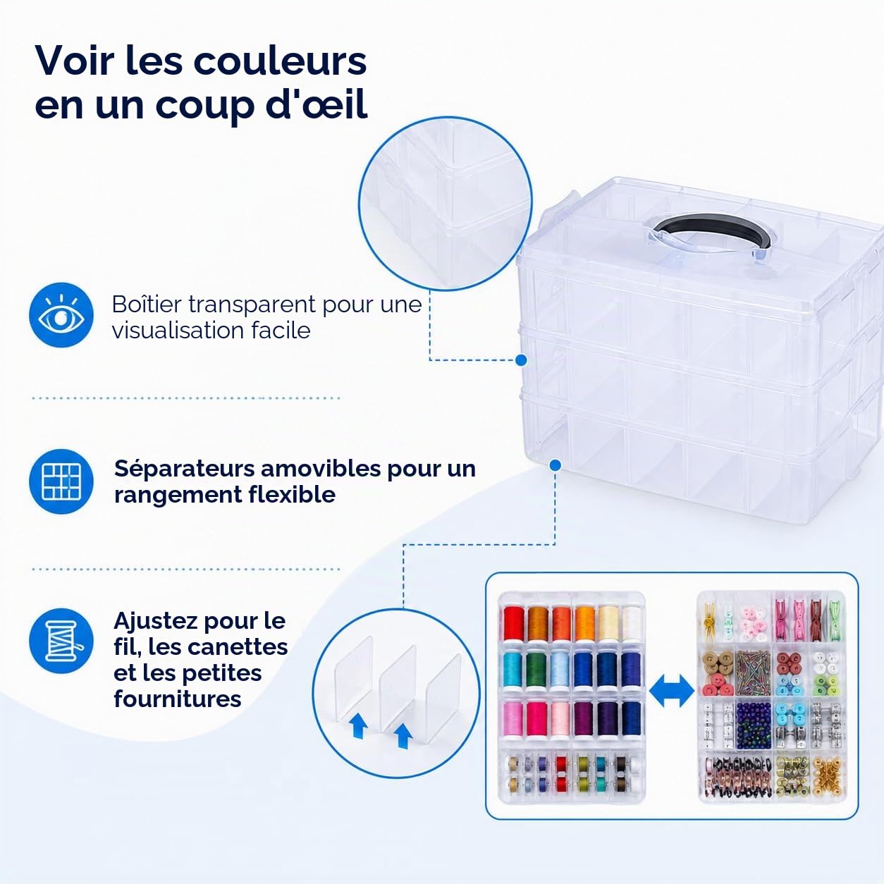 Simthread Kit de Fils à Broder – 63 Couleurs x 550 Yards, Fil Polyester Anti-Enchevêtrement avec Boîte de Rangement Empilable, Canettes, Outils – Compatible avec Brother, Janome, Babylock et Plus