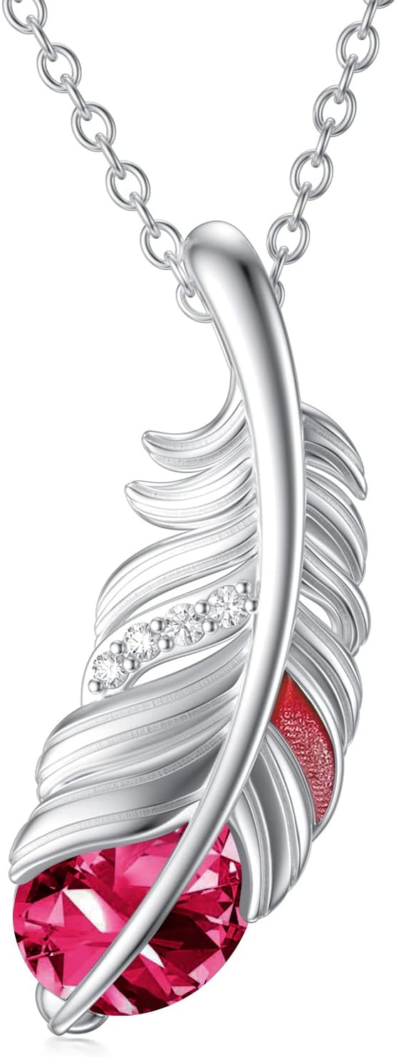 925 Sterling Silver Feather Necklace for Women Crystal Gemstone Birthstone Pendant Jewelry for Her