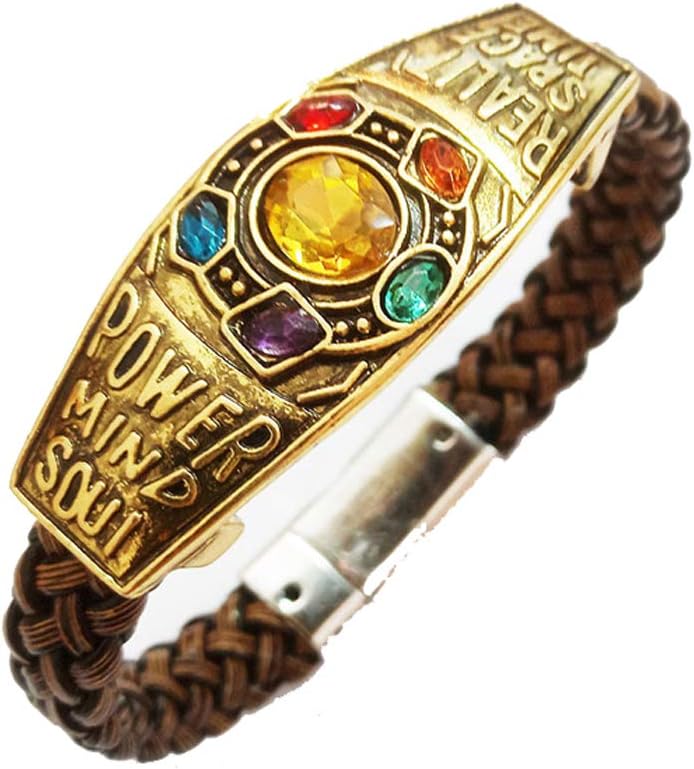Men Marvel Avengers Infinity War Endgame Thanos 6 Gauntlet Power Stones Leather Base Metal Bracelet (Brown;Gold)
