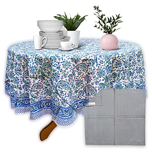 Sweet Us Block Print Tablecloth For Round Tables And One Napkin Set, Cotton Paisley Love Floral Kitchen Dining Table Cloth, Table Cover For Indoors And Outdoors, Blue, Green, White, 72 In Round #TOP14