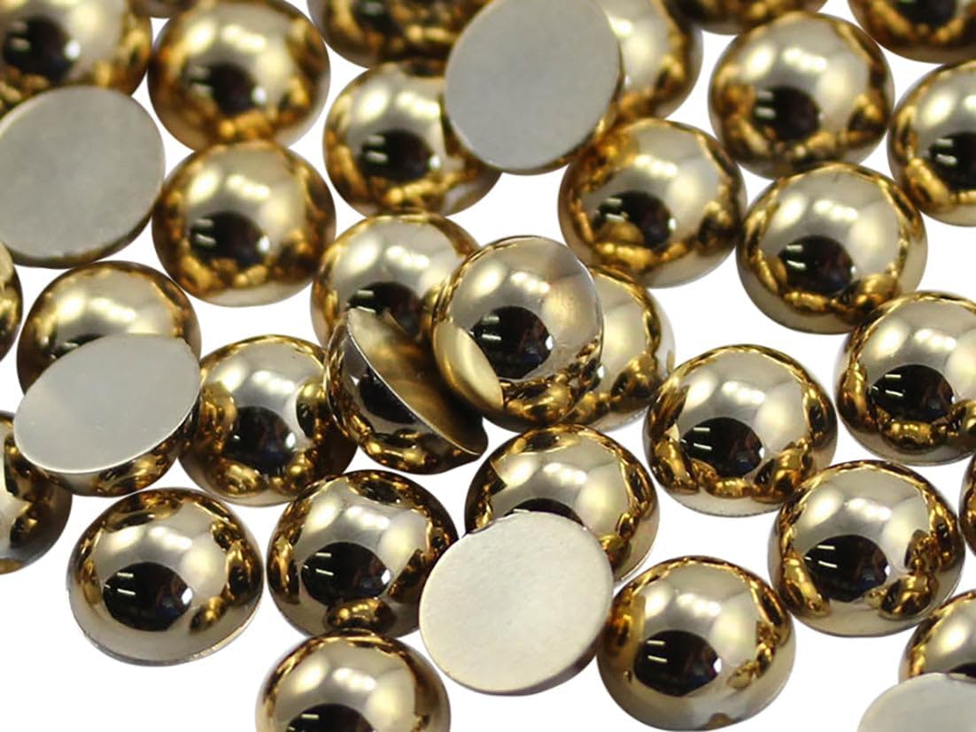 Allstarco 9mm Gold Flat Back Acrylic Round Pearl Cabochons Plastic Rhinestones Pearl Gems Embellishments for Jewelry, Crafts, Costumes, Card Invitations, Cosplay - 50 Pieces