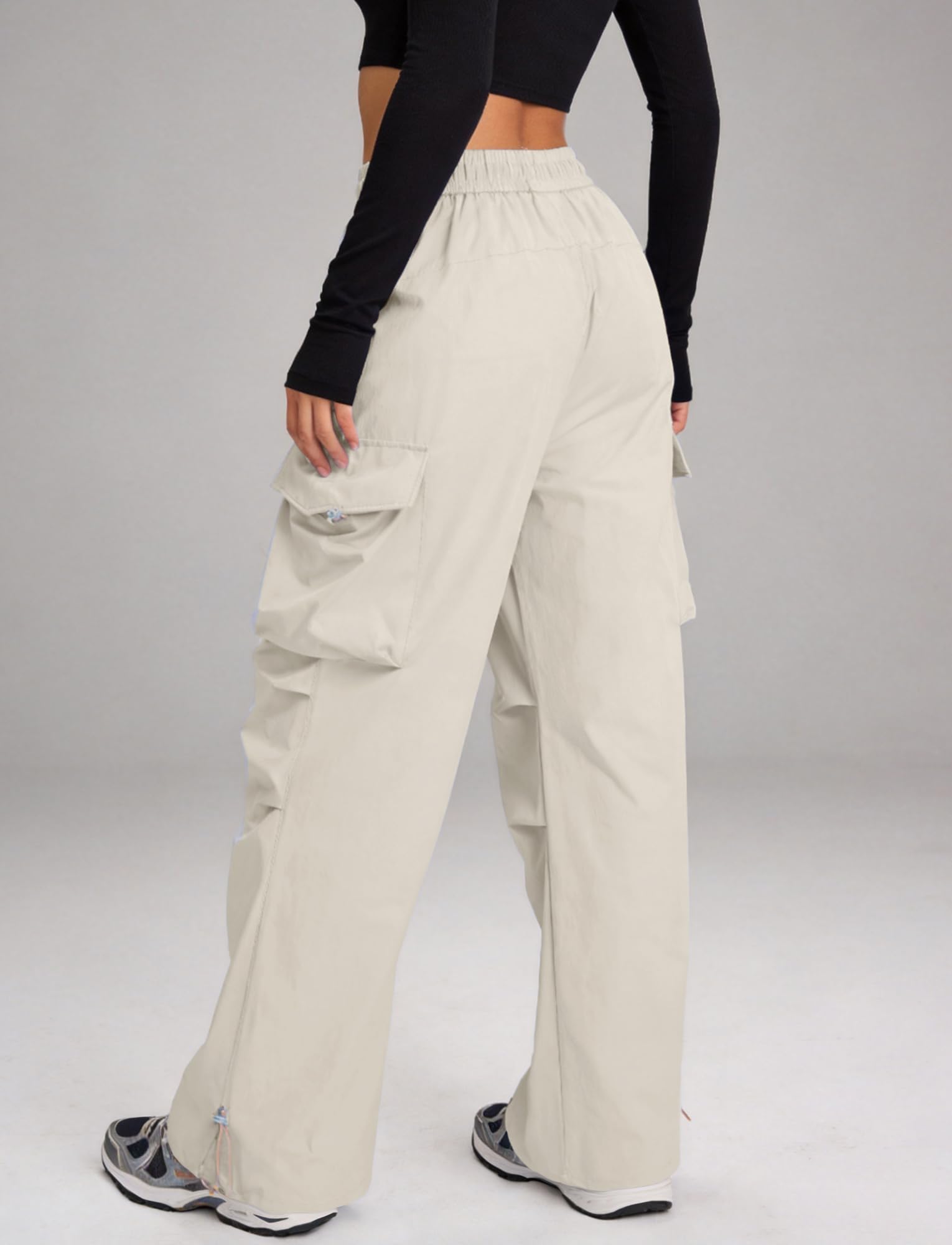 FEOYA Damen Wanderhose Wasserfest Schnelltrocknend Outdoorhose Weites Bein Cargohose Baggy Parachute Pants High Waist Trekkinghose