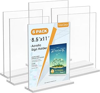 MaxGear Acrylic Sign Holder 8.5x11 Inches 6 Pack, Clear Table Display Stand Desktop Paper Holder, Standing Menu Flyer Holder Vertical Plastic Sign Frame for Stores, Restaurants, Hotels, Office