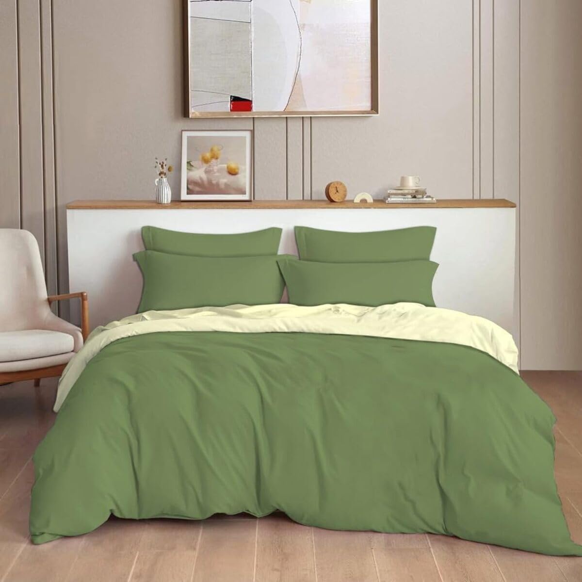 TIB Glace Cotton 140 GSM Plain King Size Bedsheet with 2 Pillow Covers, Bedsheet for Double Bed, 90X100 Inches, for Home, Hotel, Guest Room, Green-Olive