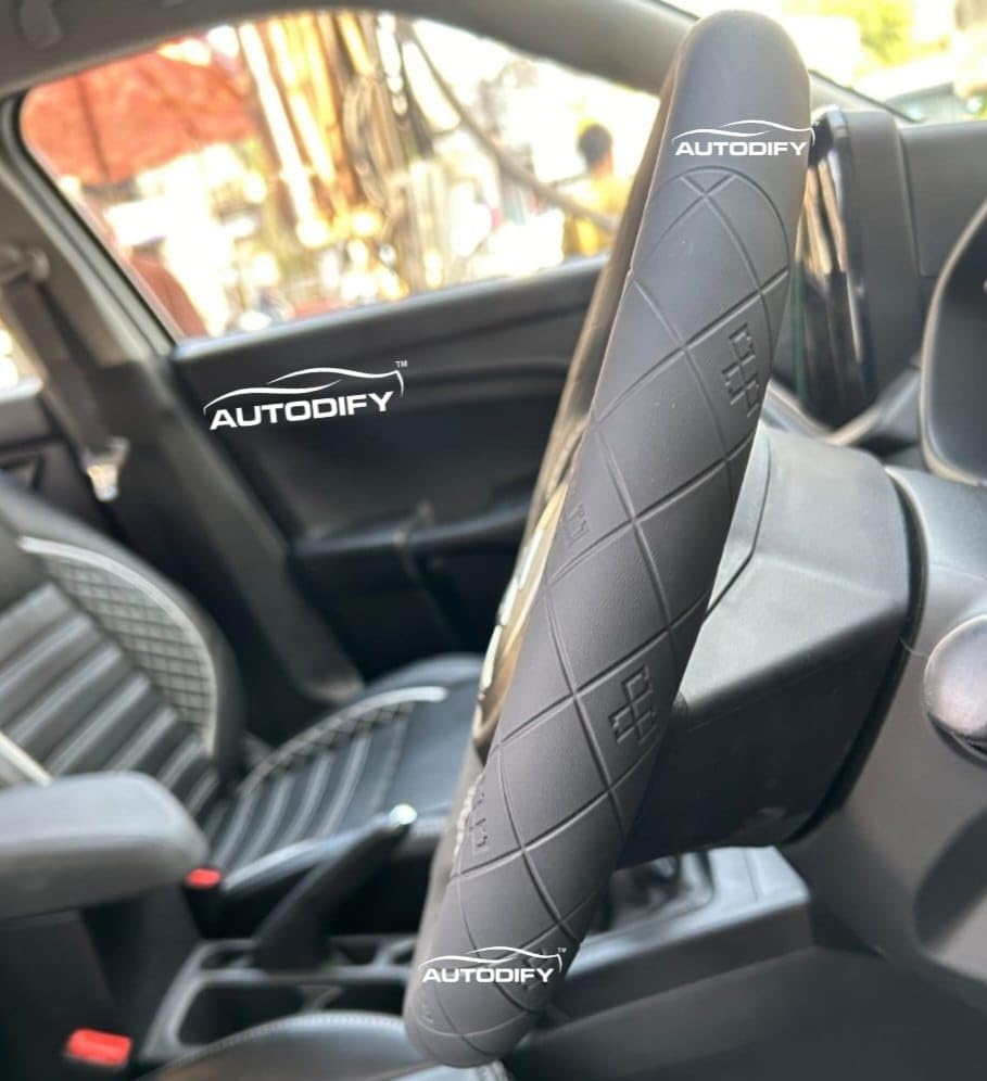 Image of Black with White Stitch Leather Steering Wheel Cover Universal Fit Anti Slip Breathable Comfortable Grip Durable & Stylish for Cars Easy Install Long Lasting ProtectionNon SlipDesign.