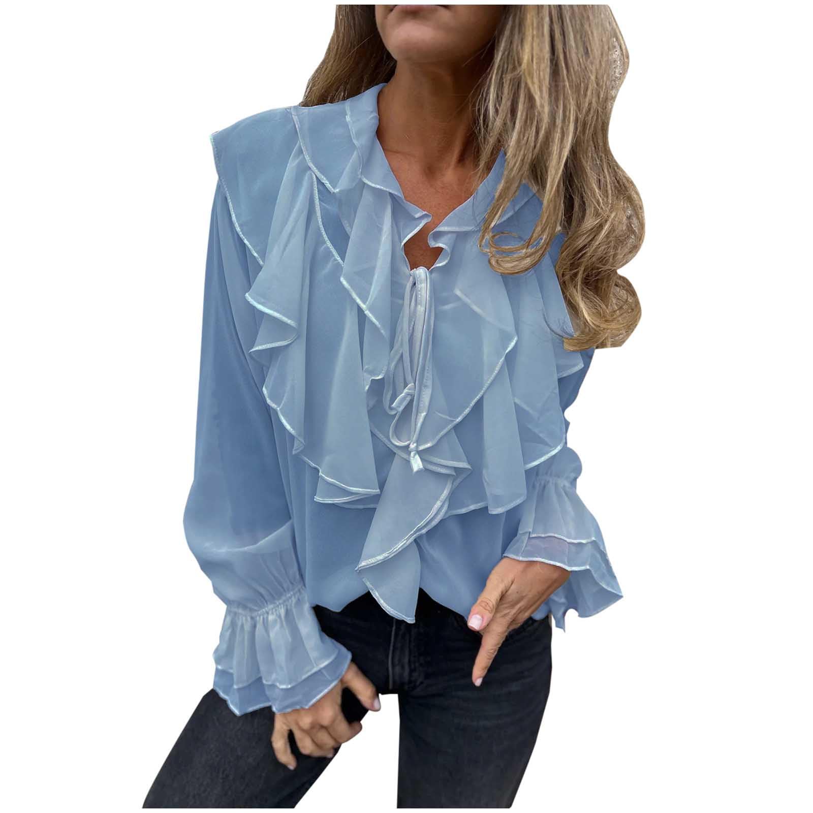 Womens Long Sleeve Tops Dressy Casual Elegant Ruffle V Neck Chiffon Blouse Fall Outfits Trendy Work Shirts