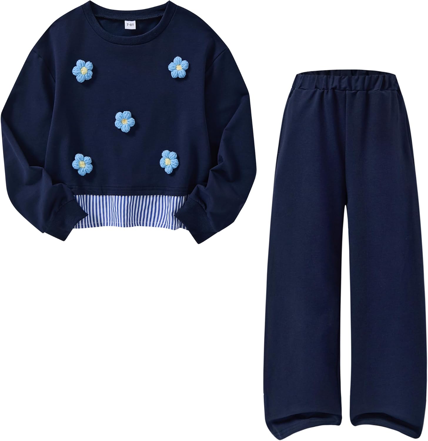 Girls 2 Piece Outfits Floral Embroidery Sweater & Wide Leg Pants