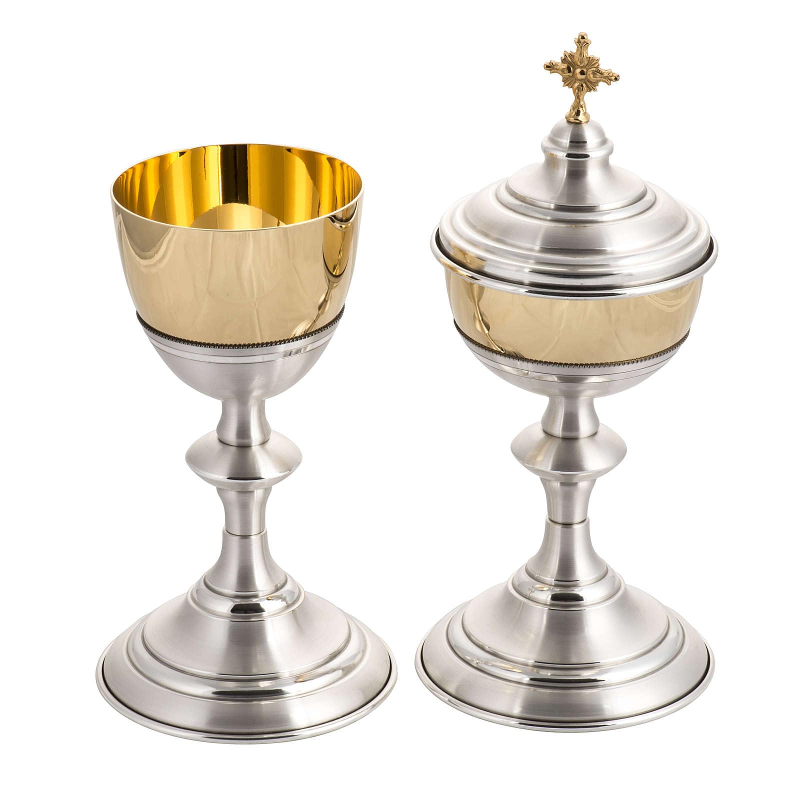 Holyart Chalice and Ciborium in Silver Brass, with Gold Plated Cup, CiboriumChalice Height: 19 cm|Ciborium Diameter: 10 cm|Ciborium Height: 25.5 cm|Chalice Cup Diameter: 9 cm