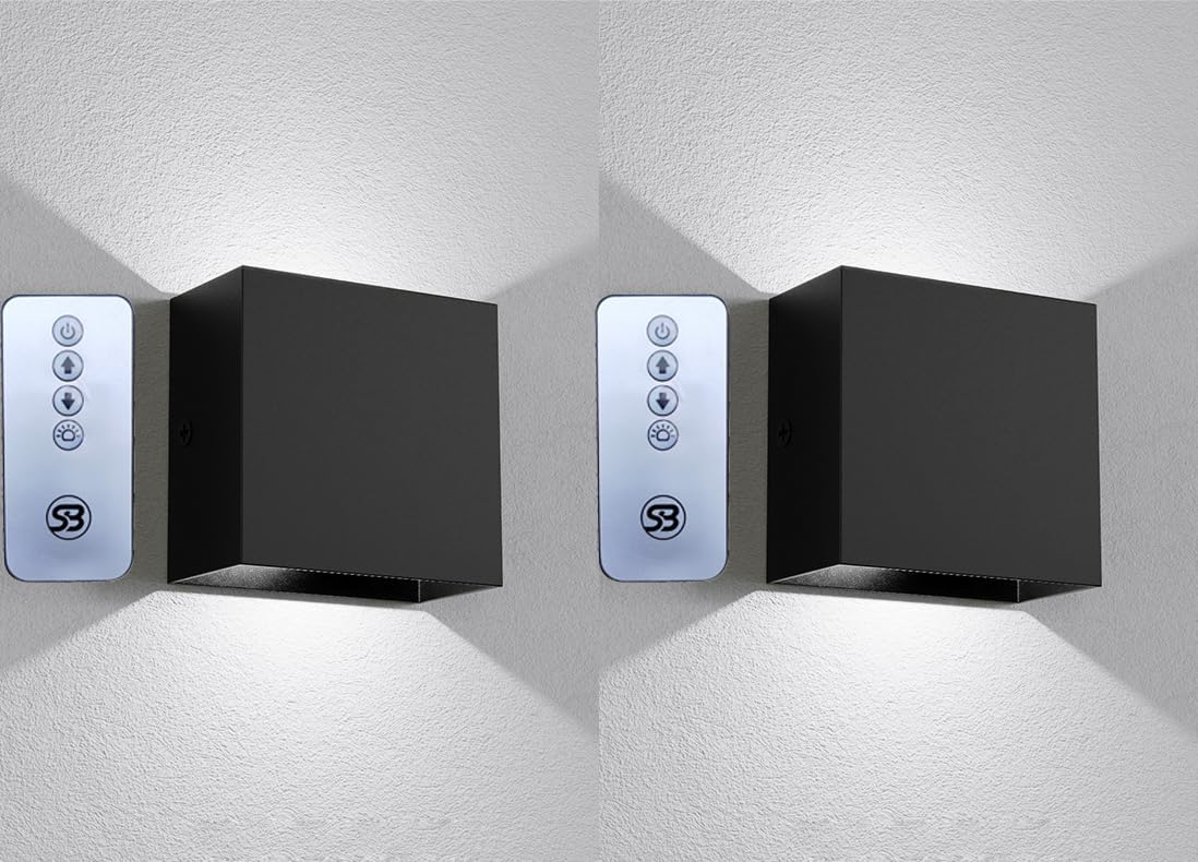 Indoor LED Wall Lamp with Touch Switch, Cordless Lamp Rechargeable USB Wall Sconce Lights Battery Powered Bedside Lamps for Bedroom Stairwell (Black 2pack with Remote, 6000K)