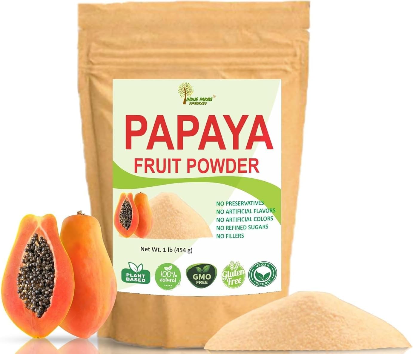 Indus Farms Papaya Fruit Powder – Natural Papain Tenderizer for Marinades, Sauces & Cooking | Smoothies, Baking, DIY Skincare | GMO-Free, Vegan | 1 LB
