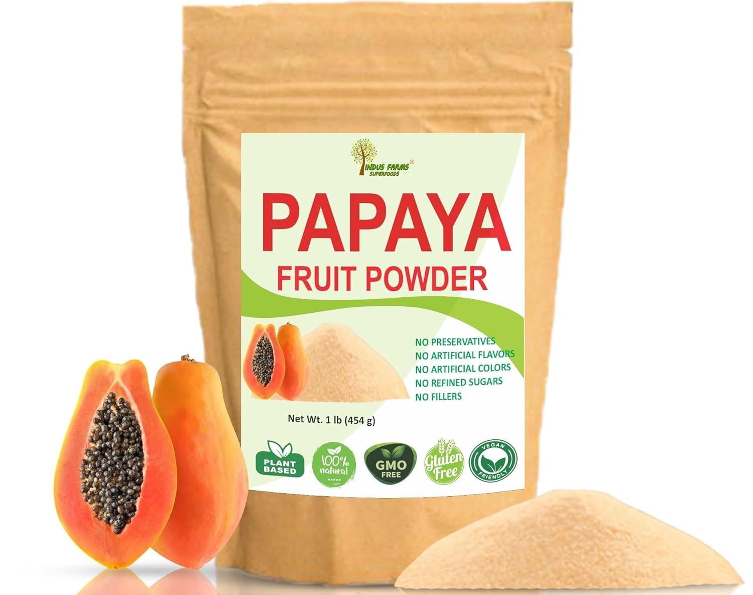 100% Natural Papaya Powder, 1 LB, Eco-friendly Resealable pouch, No Artificial Flavors/Preservatives/Fillers, Halal, Vegan-Friendly, Non-GMO