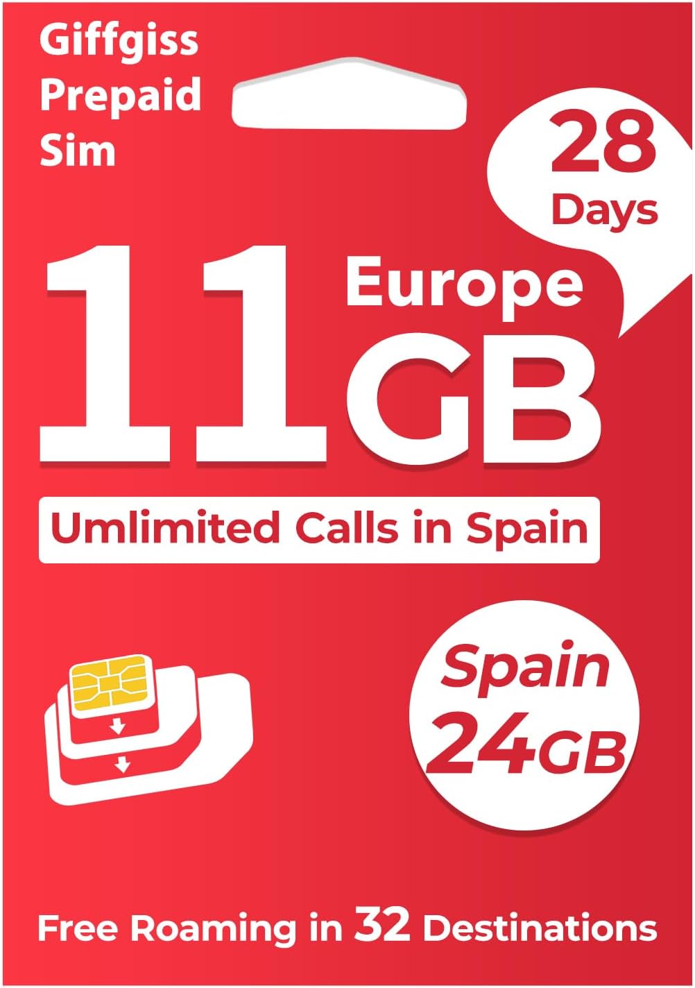 European Prepaid SIM Card EU Roaming Data 11GB Travel in 32 Countries (Spain 24GB