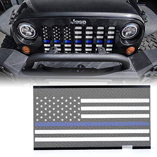 Xprite Aluminum Alloy Front Grill Inserts Mesh with Law Enforcement Blue Stripe Compatible with 2007-2018 Jeep Wrangler JK Stock Grille
