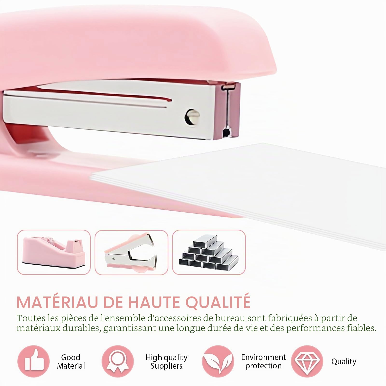 Fournitures de Bureau Roses: Ensemble de Fournitures de Bureau, Kit d'accessoires de Bureau avec Agrafeuse, Distributeur de Ruban Adhésif, ôte-agrafes, Clips, Ciseaux, Onglets