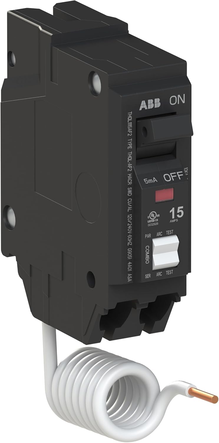 ABB Q-Line® THQL1115AF2 Arc Fault Circuit Breaker • 15 Amp Single-Pole Breaker • AFCI Protection • 120/240 VAC • 10 kAIC Interrupt Rating • Plug-On Pigtail Breaker for Load Centers