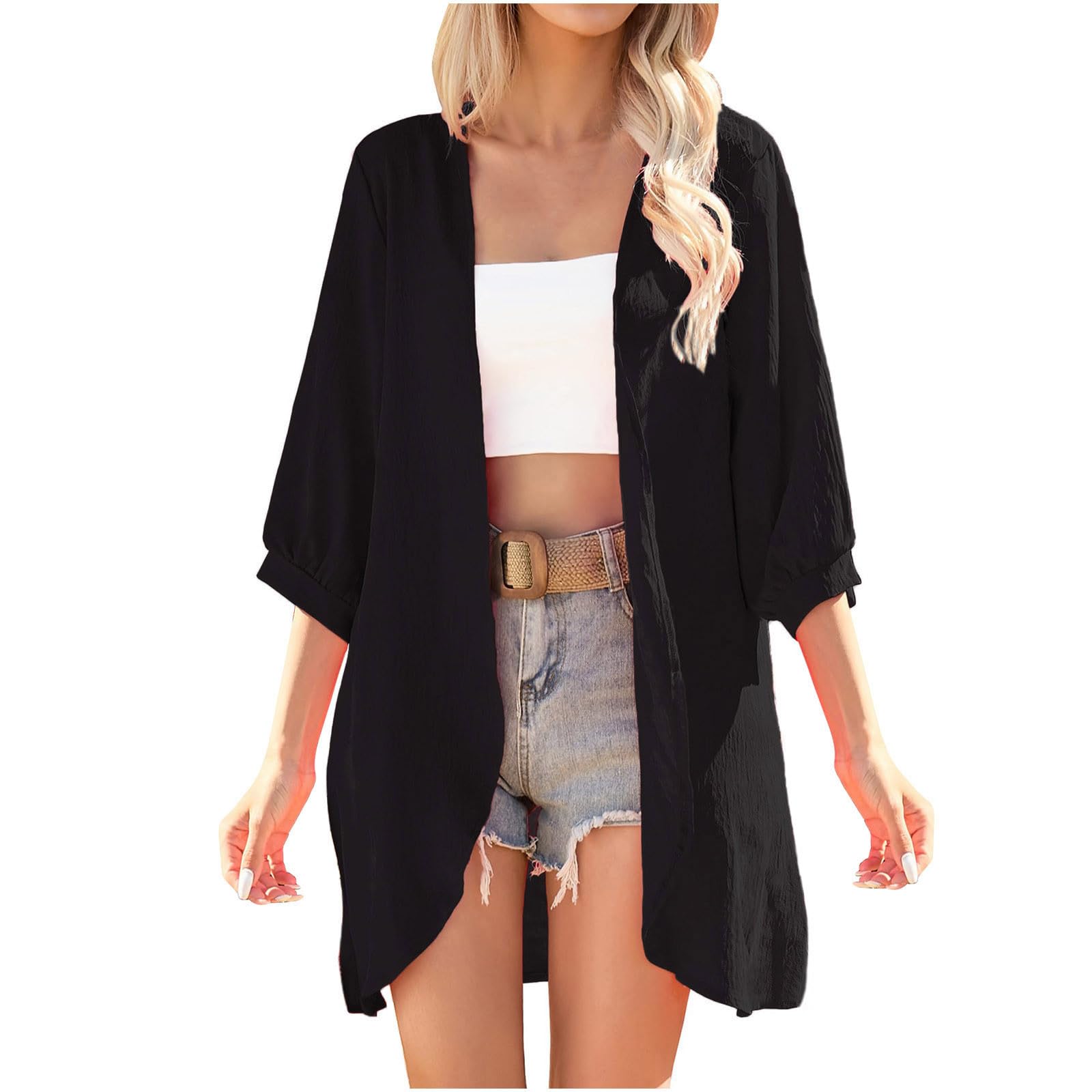 Womens 3 4 Sleeve Cardigan Cover Ups Summer Swimwear Cover Ups Open Front Kimono Cardigan Beach Vacation Outfits