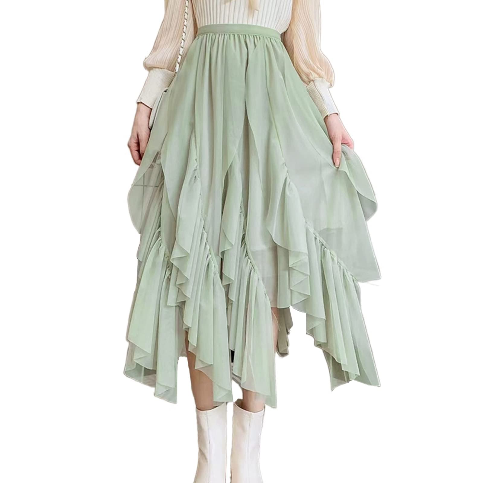Jupes asymétriques en tulle pour femme - Taille haute élastique - Jupe tutu plissée - Jupe midi décontractée en maille, Vert plissé, taille unique