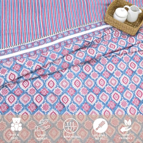 Image of TOAIArt Premium Jaipuri Dohar | AC Blanket Summer Quilt | Hand Block Printed | 3 Layers | Reversible | 150GSM 100% Mulmul Cotton | 100% Cotton Flannel Filling | King 108 inch X 90 inch |Spanish Villa
