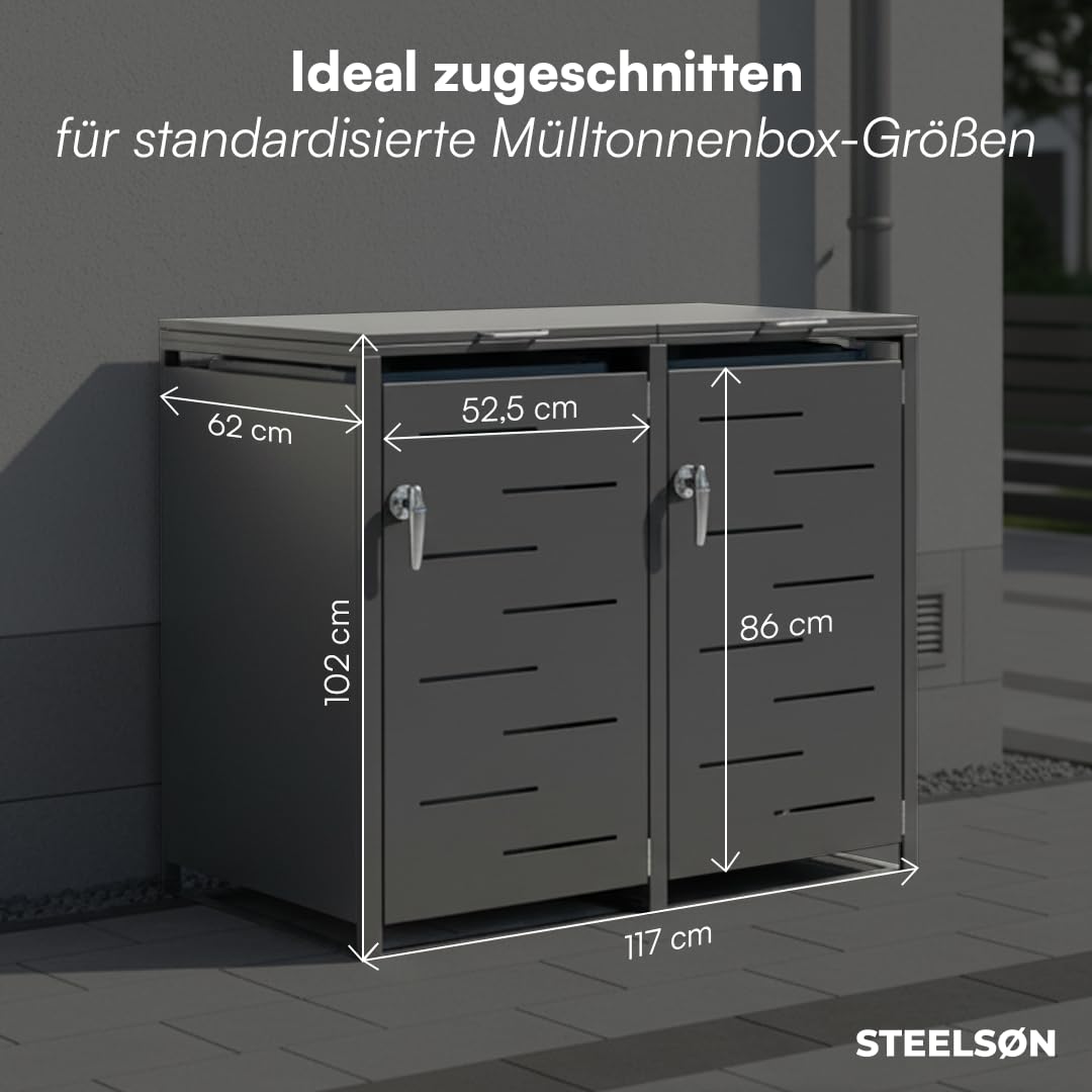 STEELSØN Diorus Mülltonnenbox 2er 120L abschließbar – Hochwertige Mülltonnenverkleidung für 2 Tonnen – Müllbox Stahl – Müllcontainer Schwarz - Mülltonnen Box wetterfest – Gerätebox mit Schloss
