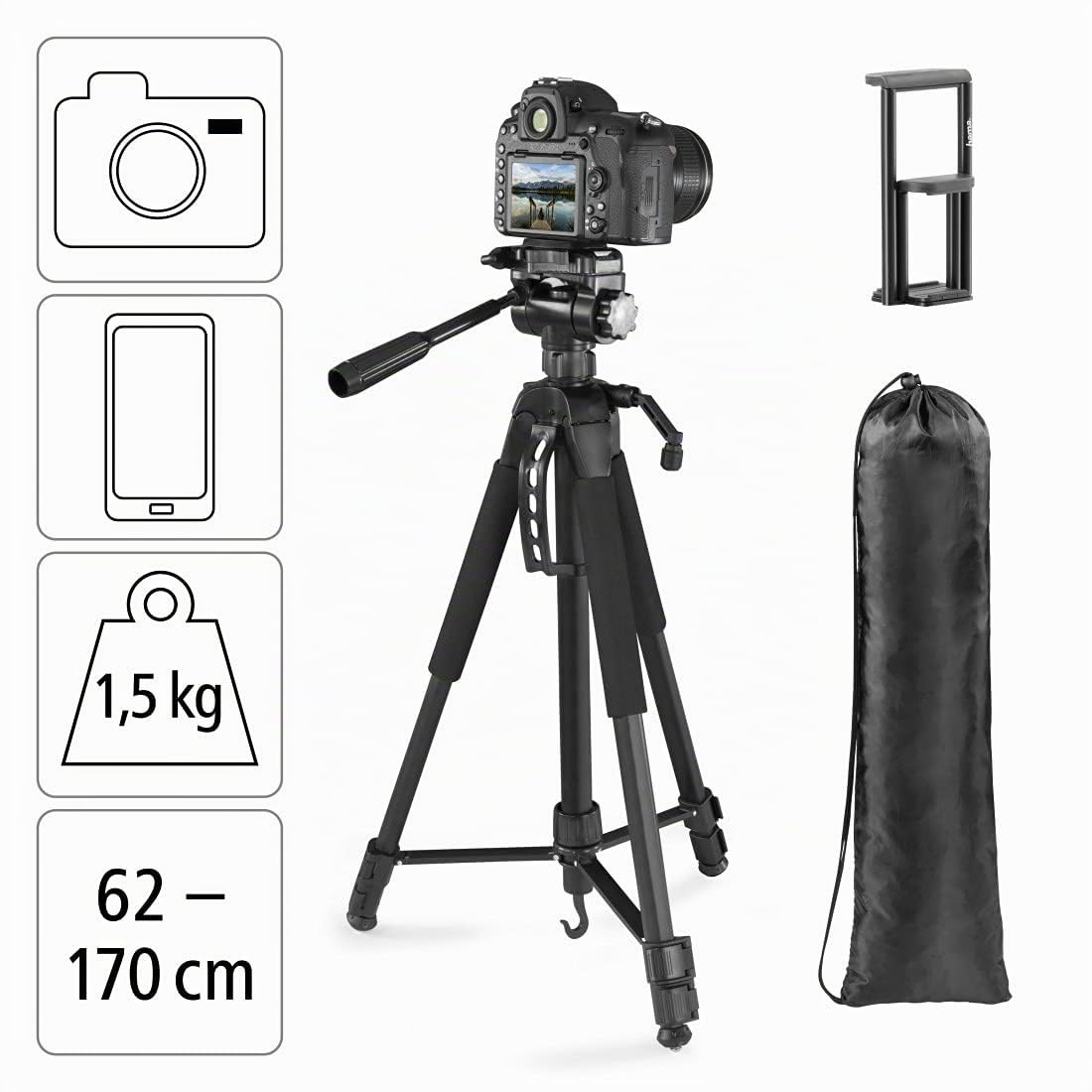 Hama Treppiede Action 170 3D (Tripod con altezza di 62-170 cm, supporto per cellulare e tablet, treppiedi con testa a 3 vie, treppiede per cellulare con borsa per il trasporto, nero