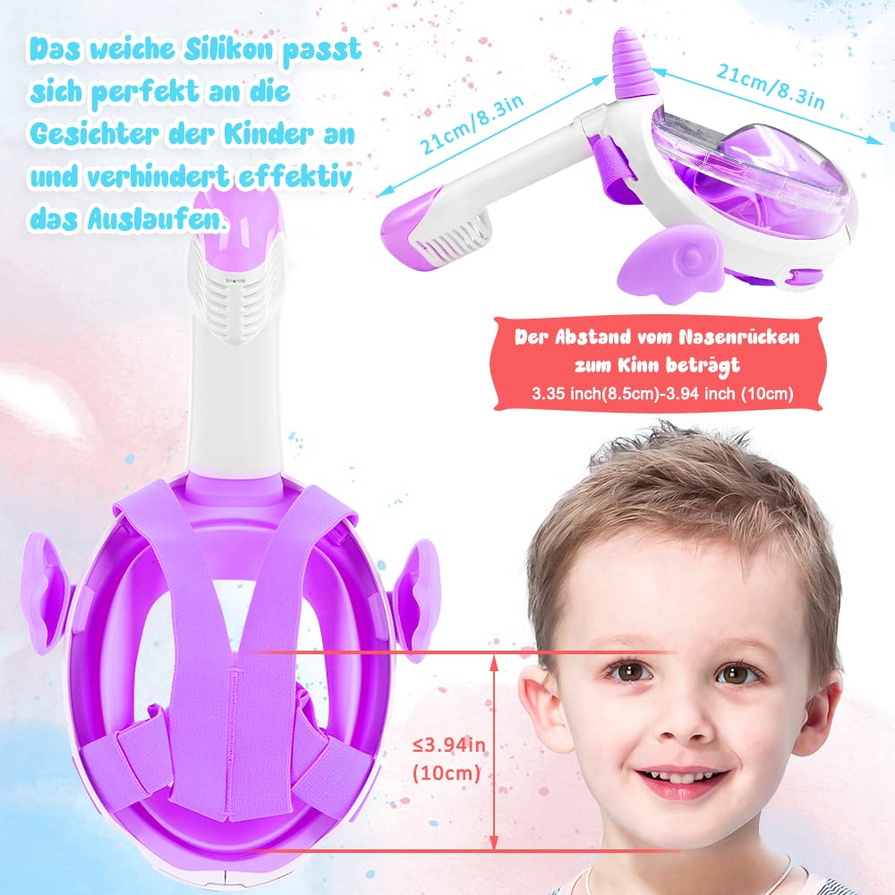 Máscara de esnórquel de unicornio para niños de 4 a 12 años, 180° HD, antivaho y antifugas, gafas de buceo para niños con esnórquel, máscara de esnorquel segura de CO2 (morado)