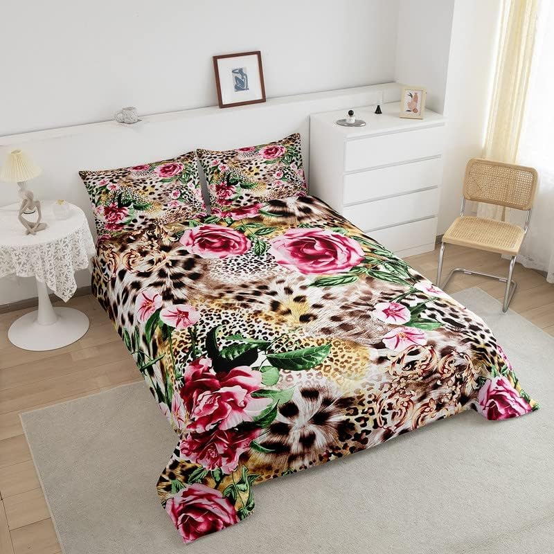 Miniatura 3 de Juego de edredón de leopardo para niñas y niños, edredón con estampado floral de flores, decorativo, lindo juego de ropa de cama con estampado de