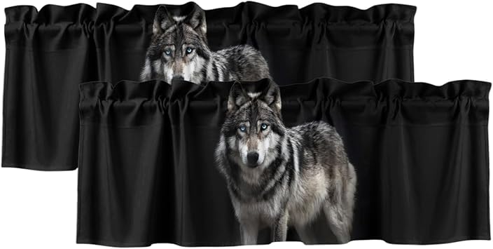 Valances for Windows, Timber Wolf Valance Curtains Blackout Drapes for Kitchen/Bathroom/Cafe, Wilderness Animal Black Backdrop Rod Pocket Window Toppers Valances 2 Pack Clearance 42x12