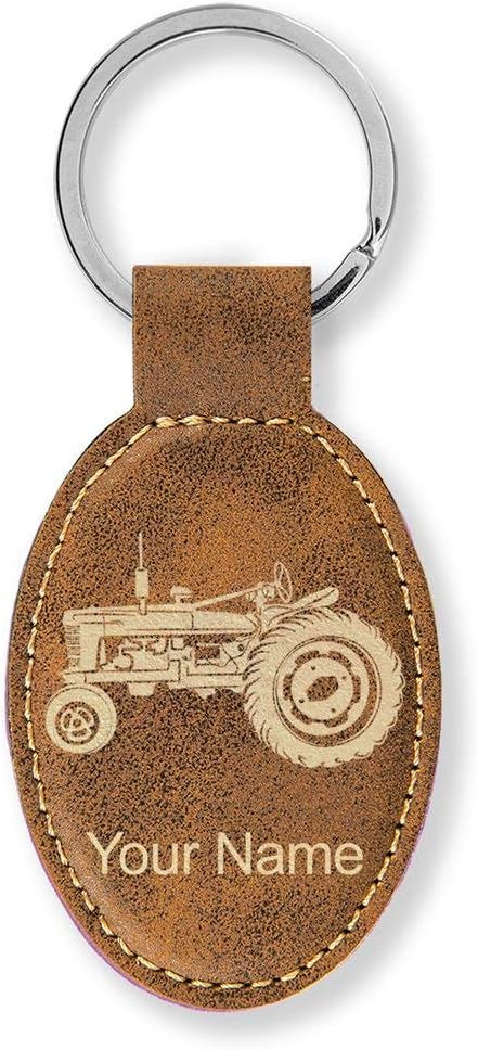 LaserGram Oval Keychain, Old Farm Tractor, Personalized Engraving Included