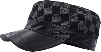 Classic Mens Leather Military Cadet Cap Army Style Adjustable Black Hats